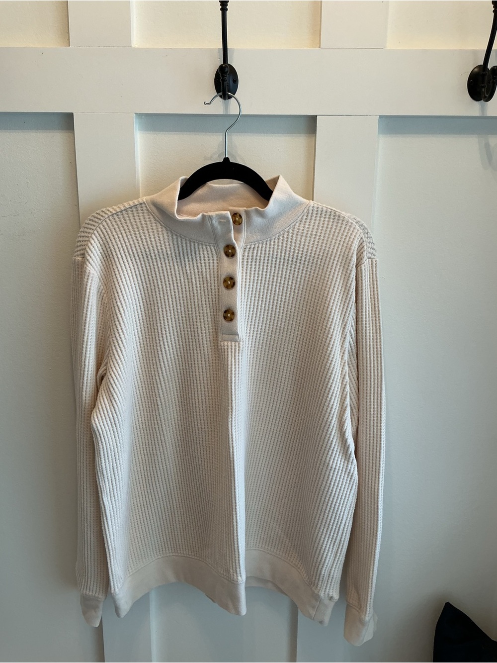 Lands' End Cream Waffle-Knit Mock Neck Sweater with Buttons